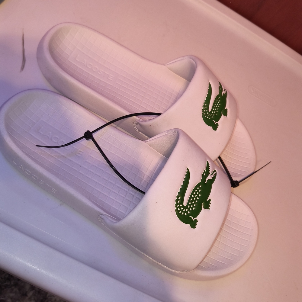 Lacoste White Slides with Green Logo